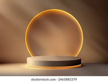 3D brown podium with a glowing circle of light behind, set against a dark background, modern concept, product display, mockup, showroom, showcase