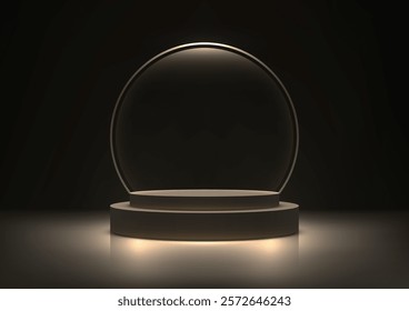 3D brown podium with a glowing circular frame set against a dark background. The soft lighting highlights its curves, creating a luxury and futuristic display for product mockups and presentations.