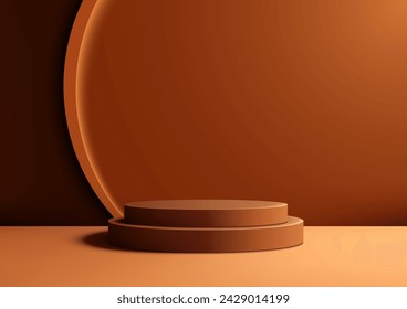 La maqueta de podio marrón 3D cuenta con un fondo marrón suave y un fondo de círculo. Es perfecto para exhibir productos de una manera moderna y elegante. Ilustración de vector