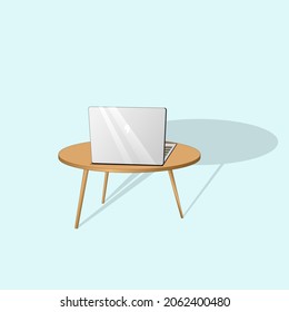 3d brown table with four legs with laptop. Cartoon style.  Isolated vector sign symbol