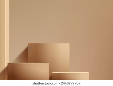 3D brown three podiums in various sizes sits on a beige background, Minimal style, Product display, Mockup, Showcase, Showroom presentation. Vector illustration