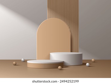 3D brown wood, gray cylindrical podium background with ball, Arch backdrop scene. Minimalist mockup pedestal, Abstract product display presentation, Stage showcase. Platforms vector geometric design.