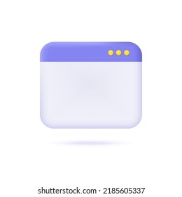 3d browser blank page icon, site border, notification page interface. 3d cartoon style element for design. vector illustration isolated on white background.