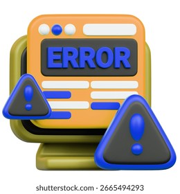3D Browser Error Icon Illustration. Realistic Computer Screen with Warning Signs for Website Failure and System Glitch. Minimalist Orange and Blue Rendering for Web Development Troubleshooting, IT Support, and Software Bug Alerts.

Enhance your digital interface with this high-quality 3D rendering featuring a technical malfunction display. This professional illustration captures the essence of online obstacles and loading issues in modern software apps. The visual consists of a stylized orange monitor showing a prominent blue ERROR message, flanked by dark grey triangular warning plaques containing exclamation points. These elements symbolize restricted access or a server failure event. It is an ideal asset for web developers, tech bloggers, and UI-UX designers discussing cybersecurity or maintenance. The clean minimalist aesthetic fits perfectly within contemporary design trends, focusing on intuitive iconography and colorful 3D depth. Scalable quality provides a professional finish for presentation slides, website headers, and app notification screens. Use this design to represent 