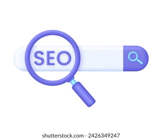 3D Browser SEO search illustration. SEO optimization for marketing. Search bar icon. Research concept. Trendy and modern vector in 3d style