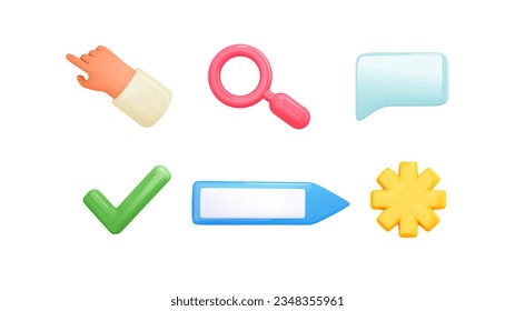 3d browser vector icons. Search bar, click hand, magnify, speech bubble, check mark, asterisk otp