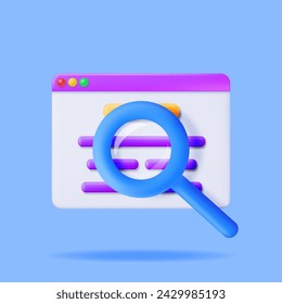 3D Browser Window and Magnifying Glass Isolated. Render Web Page GUI with Zoom Lens. Browser or Operating System Search. Web Page or Internet Searching Tools Concept. Vector Illustration