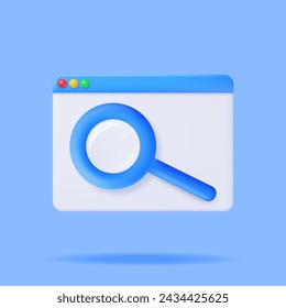 3D Browser Window and Magnifying Glass Isolated. Render Web Page GUI with Zoom Lens. Browser or Operating System Search. Web Page or Internet Searching Tools Concept. Vector Illustration