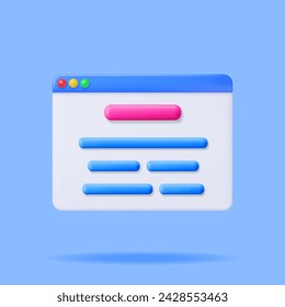 3D Browser Window with Web Page Isolated. Render Operating System User Interface, GUI. Computer Software. Documents Folder. Abstract Background with UI Panel. Realistic Vector Illustration