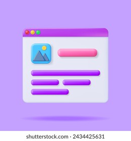 3D Browser Window with Web Page Isolated. Render Operating System User Interface, GUI. Computer Software. Documents Folder. Abstract Background with UI Panel. Realistic Vector Illustration