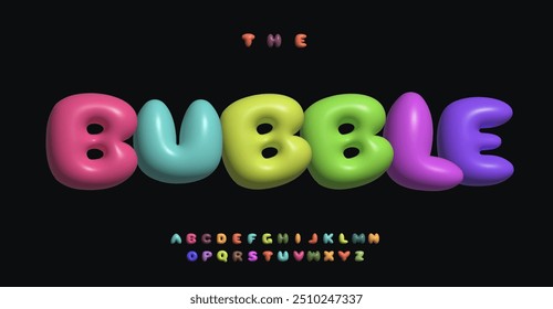 alfabeto bolha 3D, arco-íris colorido inflado letras plump, design tipográfico esférico macio. Tipografia 3D colorido vibrante para o logotipo da festa infantil, manchete, texto. Tipo de vetor.