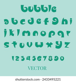 3D bubble font alphabet and numbers in y2k style. Turquoise inflated type text isolated on background. Vector realistic