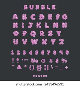 3D bubble font alphabet, numbers and signs in y2k style. Pink inflated type text isolated on dark grey background. Vector realistic