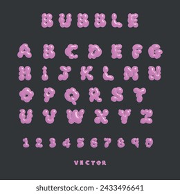 3D bubble font alphabet and numbers in y2k style. Pink inflated type text isolated on dark grey background. Vector realistic