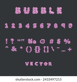 3D bubble font alphabet numbers and signs in y2k style. Pink inflated type text isolated on dark grey background. Vector realistic