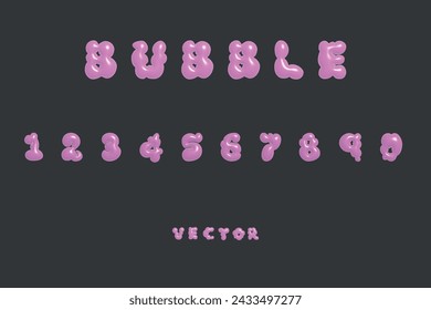 3D bubble font alphabet numbers in y2k style. Pink inflated type text isolated on dark grey background. Vector realistic