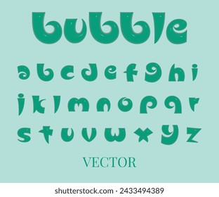 3D bubble font alphabet in y2k style. Turquoise inflated type text isolated on background. Vector realistic