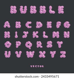 3D bubble font alphabet in y2k style. Pink inflated type text isolated on dark grey background. Vector realistic