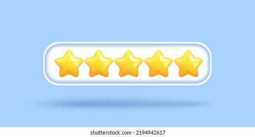3d bubble rating five stars for best excellent services rating for satisfaction. 3d 5 star for quality customer rating feedback concept, product review. 3d 5 star vector render illustration
