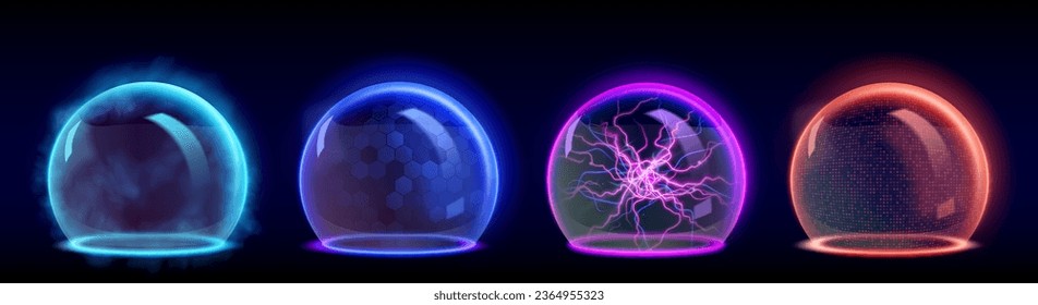 3d bubble shield with energy and thunder effect. Abstract protect sphere dome technology. Vector secure glass cyber immune. Ai hexagon grid smoke design. Magic defence game element in blue and pink