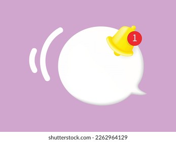 3d bubble speech message icon with bell alarming notification. 3d vector rendering isolated background.