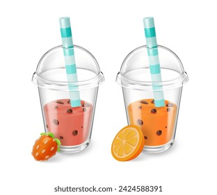 3d Bubble Tea in Takeaway Plastic Cup Set with Strawberry and Orange Taste Cartoon Style. Vector illustration of Fresh Drink