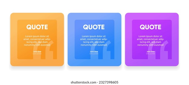 Banner testimonial de burbujas 3D, cita, infografía. Diseños de plantillas de publicaciones en medios sociales para citas. Burbujas de voz vacías, burbujas de comillas y cuadro de texto. EPS10 de ilustración vectorial.