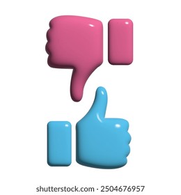 3D Bubble vector Thumbs up and thumbs down icons. Blue and pink Like and Dislike icon shape. Inflatable Vector illustration png set isolated on transparent background