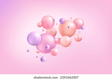 3D bubbles. Pastel pink balls. Purple dreamy wallpaper. Glass soft backdrop geometric shapes. Balloon decor. Floating spheres group. Smooth pearls composition. Art pattern. Vector abstract background