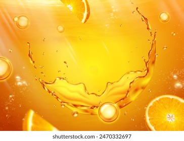 3D Bubbling orange liquid background with splash and citrus fruit.