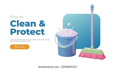 3d Bucket water foam and mop broom icon. household chores or housekeeping floor cleaning equipment. healthcare social media and website template concept. vector illustration cartoon render
