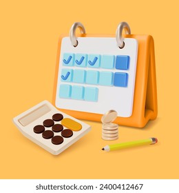 3d Budget Planning Managing Income and Expenses Business Concept Cartoon Style Calculator, Coin and Calendar. Vector illustration