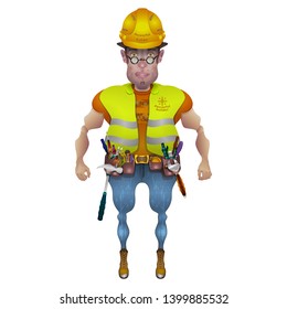 3D builder in a helmet, goggles and reflective vest. In full tooling outfit. Belt with pockets for screwdrivers, a hammer, tape measure, knife, nippers, pliers. Vector illustration in cartoon style.