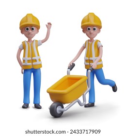 3D builders in cartoon style. Set of workers in different poses