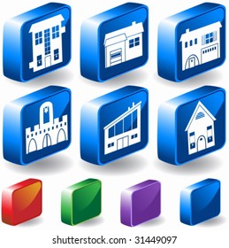 3D Building Buttons : Set of isometric blue buttons relating to buildings and generic structures.