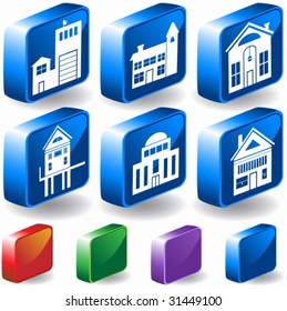 3D-Bauknöpfe: Set von isometrischen blauen Knöpfen für Gebäude und generische Strukturen.