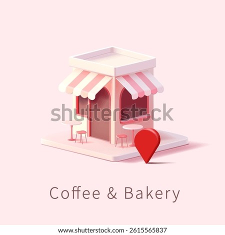 3D building of a cafe, bakery with tables, tenon, and location icon. Craft cafe, bakery. Delicious drinks and pastries. Vector illustration.