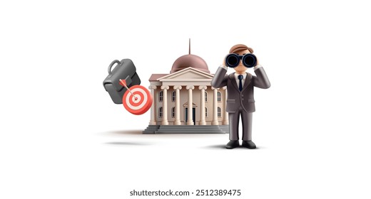 Edifício 3D com colunas, um alvo, uma pasta, homem de negócios olhando através de binóculos. Para conceitos, gerenciamento, liderança, nova visão e otimização de processos de negócios. Ilustração vetorial.