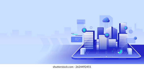 3D Building Design Virtual Digital Construction Software concept in tablet Banner