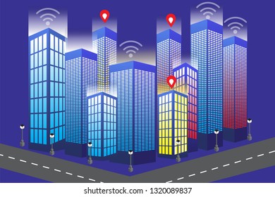 3D building of modern isometric city at night design with blue apartment with wifi, location and light on street vector illustration template 