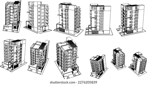 Conjuntos de edificios 3D: Representaciones de siluetas desde múltiples ángulos, estética de conjuntos de edificios 3D: Representaciones de silueta en cada ángulo, visualizar el futuro de la arquitectura con conjuntos de edificios 3D