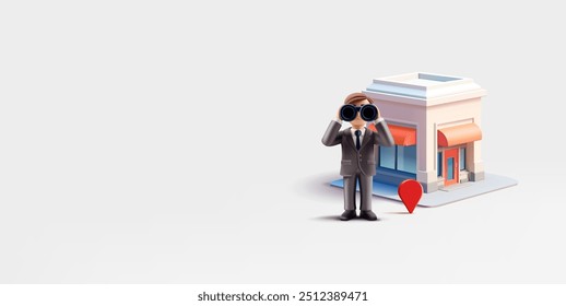 3D building of a store, a market, a businessman with binoculars in search of new management solutions. For food and food business promotion concepts, development, and expansion. Vector illustration.