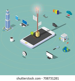 3D building technology electronic devices internet access and connection infographic isometric with smartphone, vector illustration