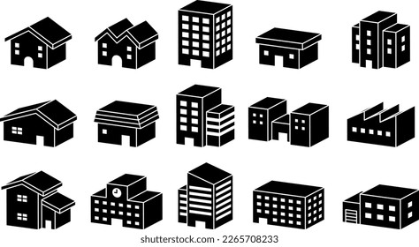 3d buildings vector silhouette set.