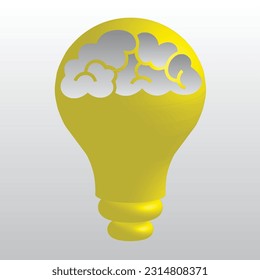 Bombilla 3d con forma cerebral para ideas iluminada en color amarillo. bombilla e ilustración cerebral