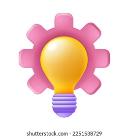 Icono de bombilla 3D, bombilla de luz de engranajes de ideas, signo abstracto de liderazgo creativo vectorial, lámpara de brillos eléctricos. Elemento de energía del símbolo de solución de trabajo, concepto amarillo de presentación de negocios. Vidrio bulbo 3D sobre blanco