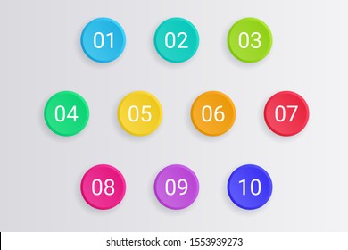 3d bullet point vector illustration set - isolated bright colorful round pointers with numbers from 1 to 10. Volumetric buttons with shadow for business infographic or brochure design.