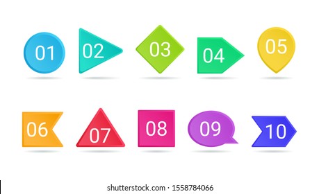 3d bullet point vector illustration set - isolated bright colorful pointers with numbers from 1 to 10. Volumetric buttons of different fshape with shadow for business infographic or brochure design.