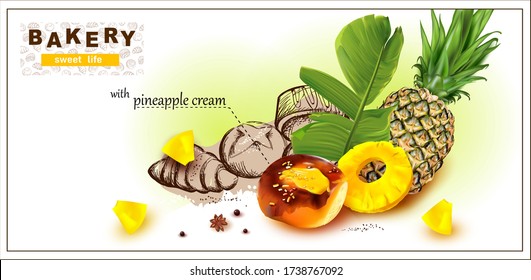 3d Bun with pineapple cream.
Freehand Drawing buns with poppy seeds, Croissant, Buns with Butter.
Flowing fruit jam. Pineapple and banana Leaf.
Vector illustration.