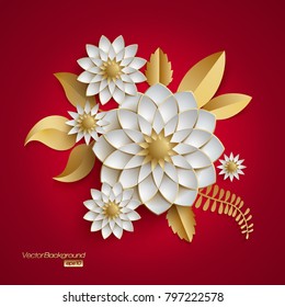 3D bunch of golden arabesque style white flowers on red background